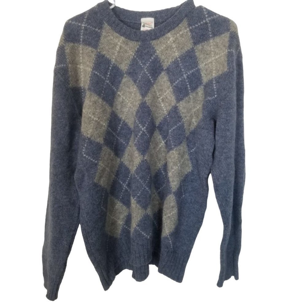 St. Michael Mens 44 Blue Gray Argyle Long Sleeves Shetland Wool Sweater Pullover